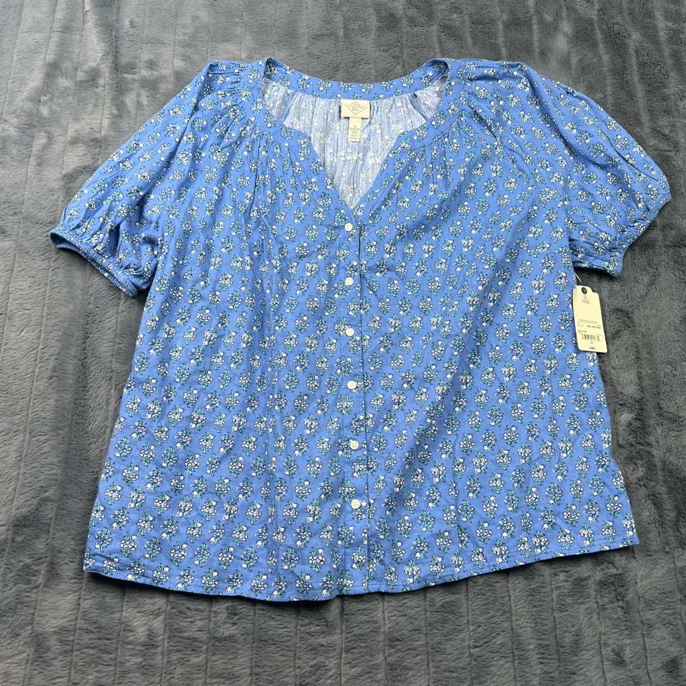 St Johns Bay Floral Button Down Blouse Blue Stamp 1X Short Sleeve 894-1802-0422